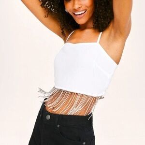 Nasty Gal Festival Bedazzled Tassel Spaghetti Strap Crop Top, Size 2